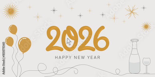2026 Happy New Year Gold Typography Balloons Banner