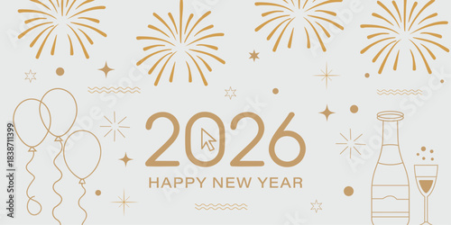 2026 Happy New Year Gold Fireworks White Banner
