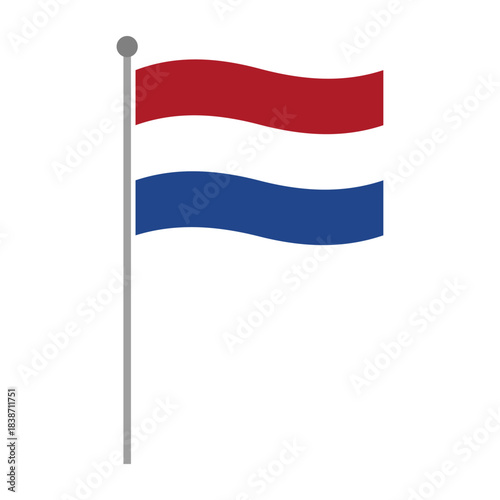 Vector illustration of the Netherlands national flag waving on a tall flagpole, featuring horizontal red, white, and blue stripes in a simple, clean patriotic design
