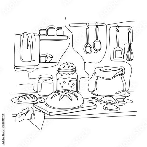 Homemade Sourdough Bread Baking Continuous Line Drawing Vector. Artisan Bread Making Kitchen Counter Minimalist Hand Drawn Sketch Style Illustration. Freshly Baked Loaf, Starter Jar, Flour, Dough, Ute