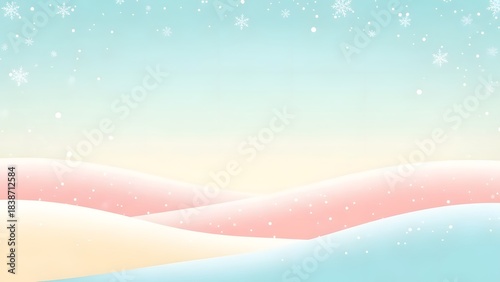 Abstract winter landscape with flowing pastel blue and pink snow waves, scattered snowflakes for modern holiday background design2