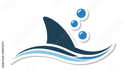 Stylized Dark Blue Shark Fin Emerging From Blue Waves With Bubbles Underwater Theme Graphic Design