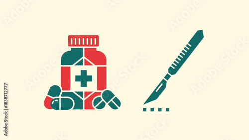 Medical treatment concept a pill bottle with medication and a surgical scalpel, representing healthcare, pharmacy, and surgery