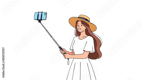 Smiling Young Woman in White Dress and Straw Hat Takes a Selfie with a Selfie Stick Outdoors on a Sunny Day