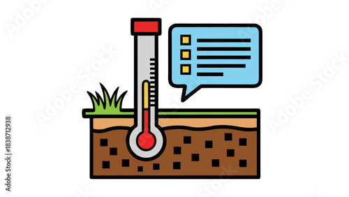 Soil thermometer measuring temperature with a checklist icon and green grass above a cross section of earth with dark brown soil and pebbles