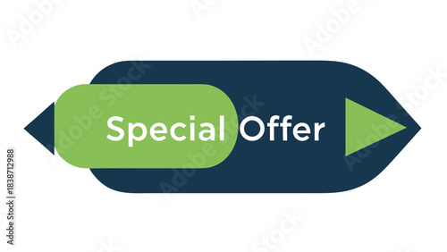 Special Offer Text Overlay on a Dark Blue and Light Green Abstract Shape with Arrows and a Black Background