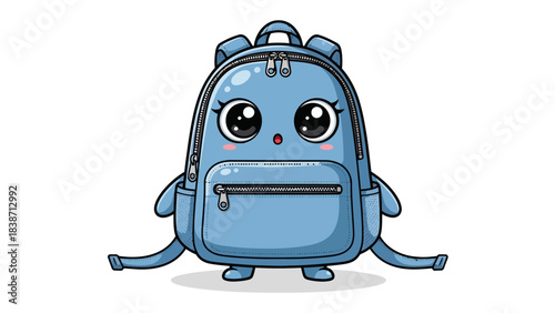 Cute blue cartoon backpack character with large eyes and small limbs