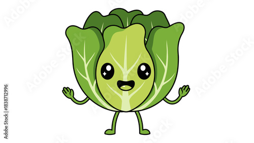 Cute cartoon head of lettuce or cabbage character waving
