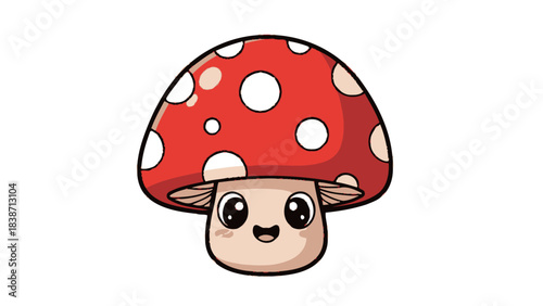 Cute redandwhite spotted mushroom character with large eyes and a smile