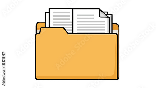 Stylized illustration of an open tan file folder containing stacked white documents