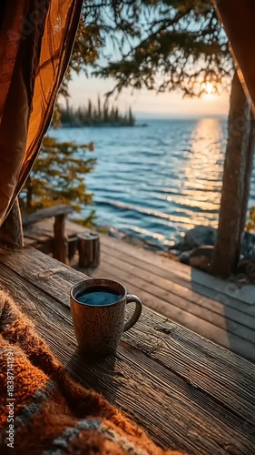 Cozy cabin scene at sunset with a steaming mug by the lake, serene atmosphere