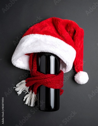 Wine bottle dressed in Santa hat and scarf, ready for festive celebrations.