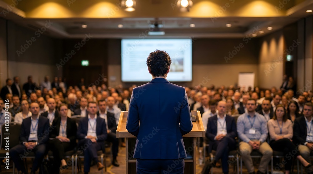 Fototapeta premium Business professional delivering a keynote address to a large corporate audience in a modern conference room with presentation screen in the background