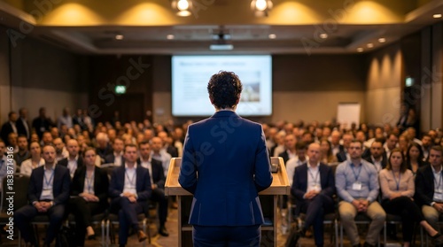 Business professional delivering a keynote address to a large corporate audience in a modern conference room with presentation screen in the background