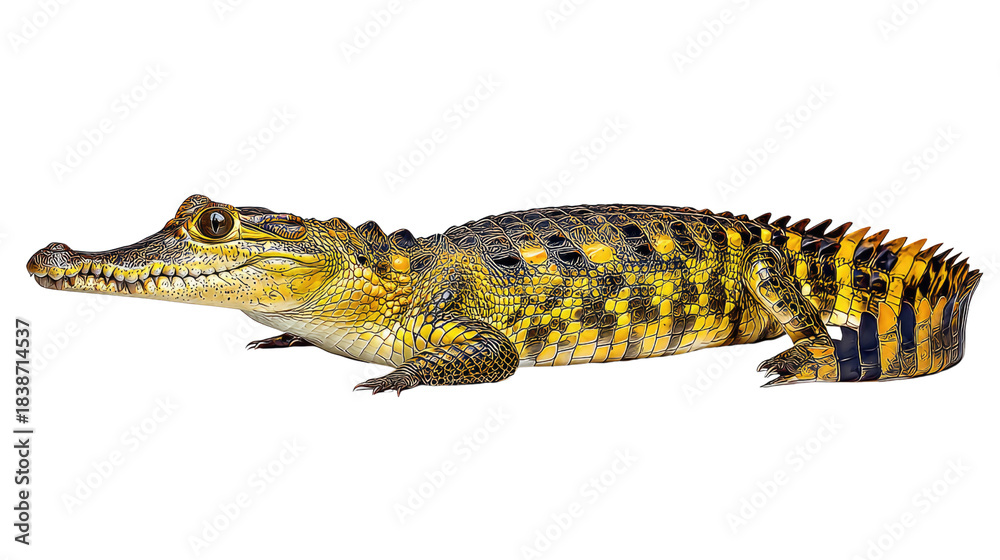 Naklejka premium Vibrant yellow and black crocodile with detailed scales, isolated on a white background showcasing its unique patterns and features