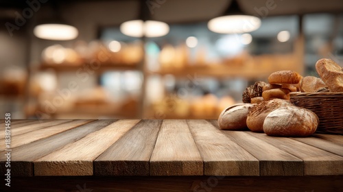 Wooden board empty table background. abstract blurred bakery shop background