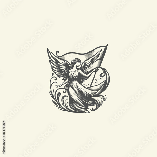 A logo featuring a winged woman holding a flag, depicted in a graceful and dynamic pose as the central symbol