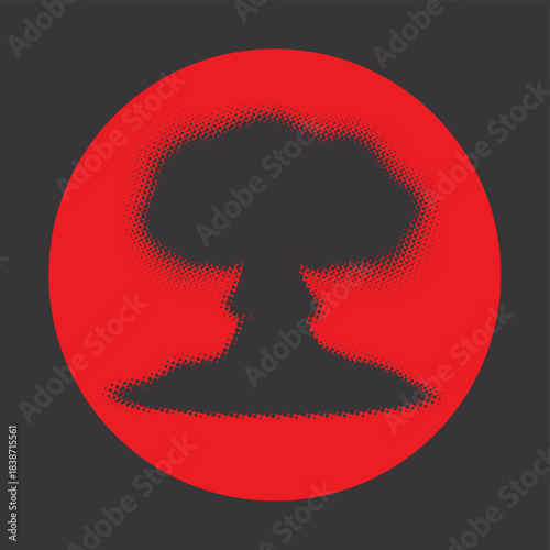 Vector pixel nuclear explosion mushroom with halftone effect in red circle sign. Suitable for anti-war posters dedicated to nuclear war and environmental pollution.No ai