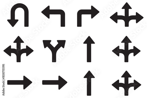 Road traffic direction arrows flat set. You-turn, left, right, two way, three way transportation direction arrow symbol. decision icon vector Trafic way icon