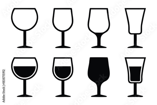Wine glass silhouettes set, wine glasses vector icon, drink glasses silhouette