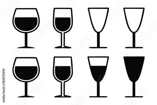 Wine glass silhouettes set, wine glasses vector icon, drink glasses silhouette