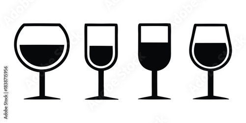 Wine glass silhouettes set, wine glasses vector icon, drink glasses silhouette
