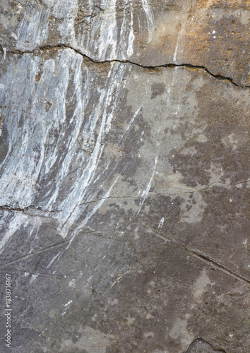 Fotografi A close-up vertical shot of a rough grey concrete wall texture featuring deep cracks, white stains, and a grunge weathered surface for abstract backgrounds