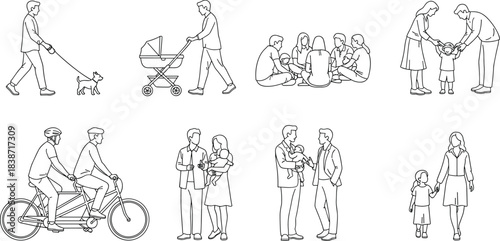 Blue Line Art People Pack: Family Activities, Social Gatherings, Outdoor Recreation, and Daily Life Silhouettes Including Couples, Parents with Baby Stroller, Dog Walkers, Tandem Bike Riding, and 