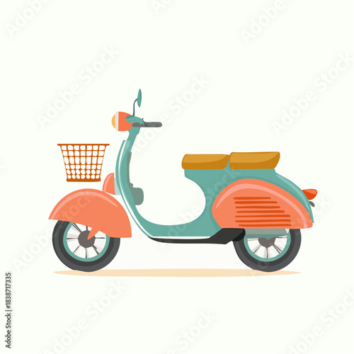 Vintage Retro Scooter with Basket Teal and Coral Colors. Classic Moped for Urban Travel.