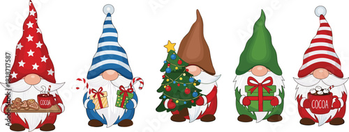 Cute Christmas Gnomes Collection Holding Gifts, Cocoa, Cookies, and Tree Vector Set: Whimsical Holiday Scandinavian Nisse Tomte Characters for Festive Winter Design