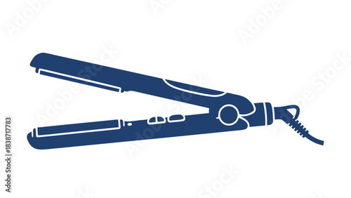 Stylized Navy Blue Hair Straightener Open On Black Background Simple Graphic Design Close Up Studio Shot