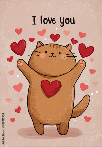Cute Cat's Love Confession: A heartwarming illustration showcases a lovable cat extending its arms amidst a flurry of heart, conveying a sweet message of affection and tender emotion.