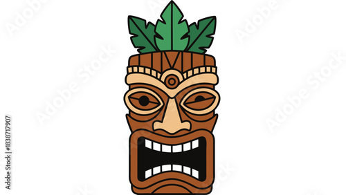 Stylized Wooden Tiki Mask With Green Feathers On Top And Open Mouth Against Black Background