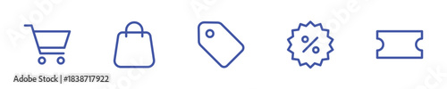 shopping cart bag tag discount coupon icon set vector outline ecommerce symbol