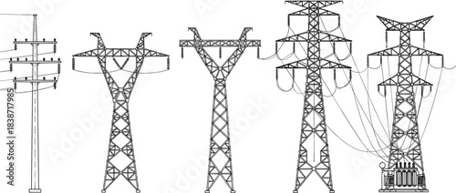 Electric Power Transmission Towers and Poles Infrastructure Silhouette Blue Vector Illustration: High Voltage Lines, Overhead Power Grid, and Distribution Network System for Electrical Energy Supply