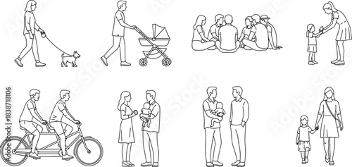Everyday Life Vector Silhouette Collection, People Walking Dog, Parents Pushing Stroller, Group of Friends Sitting, Family Bonding, Tandem Biking, Mother and Daughter Strolling, Diversity in Outdoor 