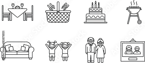 Family Gathering and Celebration Line Icons Set: Dining, Picnic, Birthday Cake, Barbecue, Sofa, Happy Children, Grandparents, and Portrait Picture Outline Illustrations for Events and Home Life.