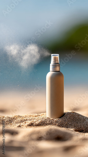Sunscreen spray bottle on sandy beach with mist in motion, summer skincare protection