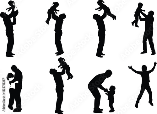Father and Child Love Silhouettes: Happy Dad Playing, Holding, and Embracing His Daughter or Son, Expressing Joyful Paternal Bonding, Family Moments, and Childhood Happiness Vector Illustration Set