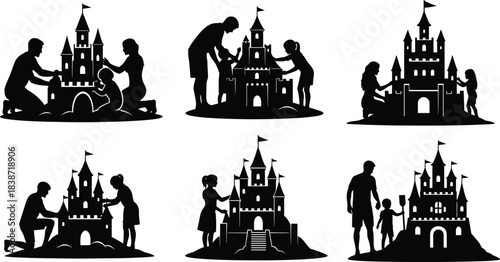 Happy Family Building Sandcastle Silhouettes Vector Set: Summer Beach Vacation Fun, Castle Construction, Seaside Holiday Activities, Parent and Child Bonding Time, Monochrome Illustration, 