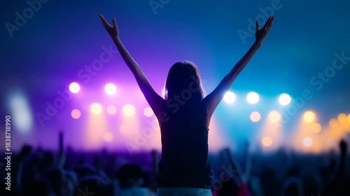 Exciting concert atmosphere with a cheering crowd and vibrant stage lights