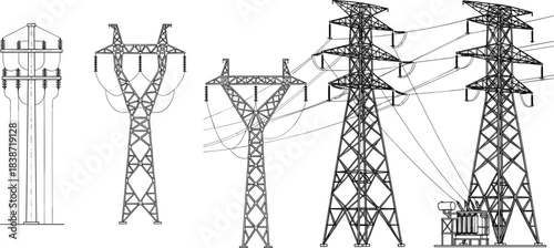 High Voltage Electric Power Transmission Line Towers and Poles Vector Illustration Collection, Showing Grid Infrastructure, Energy Supply, and Electricity Distribution System Design Elements
