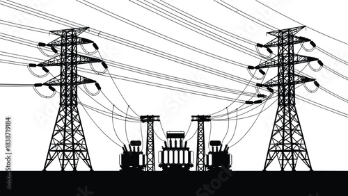 High Voltage Electrical Power Transmission Grid Landscape: Silhouette of Tower Pylons, Insulators, and Step-Down Substation Transformers Distributing Energy Across the Nation's Infrastructure, 