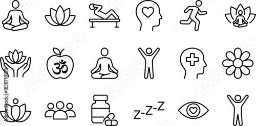Holistic Wellness Icons Set: Mindfulness, Meditation, Healthy Lifestyle, Fitness, Mental Health, Relaxation, Yoga, Sleep, Self-Care, Harmony, and Spiritual Balance Vector Graphic Design