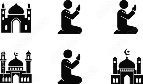 Islamic prayer ritual silhouette, mosque building iconic vector illustration, Muslim man kneeling devotion worship, spiritual faith religion holy place, black graphic design element.