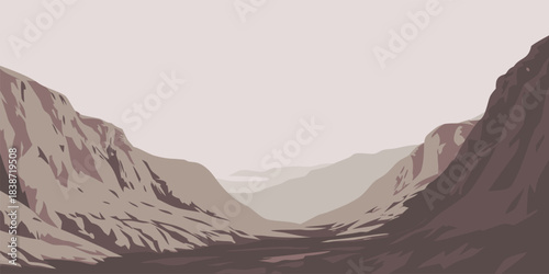 Stunning mountain vista illustration with muted tones, perfect for inspiring adventure and outdoor themes in your next project or marketing campaign.