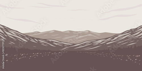 Serene mountain vista beckons adventurers, a tranquil escape in nature's embrace with warm earthy tones and a calming, peaceful atmosphere for outdoor lovers