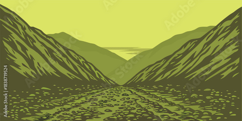 Explore the rugged beauty of a mountain pass with a rocky trail leading to distant heights in this stylized landscape illustration, perfect for adventure themes