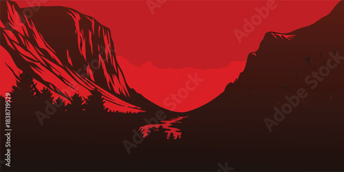 Dramatic red mountain landscape art evokes fiery sunset and rugged wilderness adventure, perfect for travel blogs and outdoor themed designs