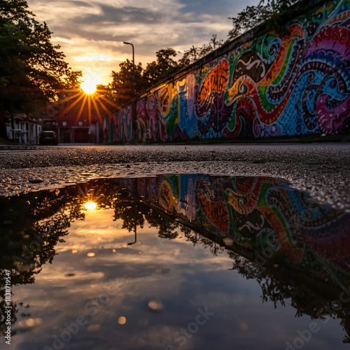 Vibrant street art along colorful urban walls